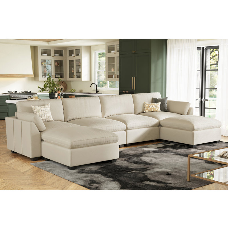 Velvet & Plush Wide Modular Sectional Sofa With Ottomans, L U Shaped Livingroom Sofa, Beige Velvet