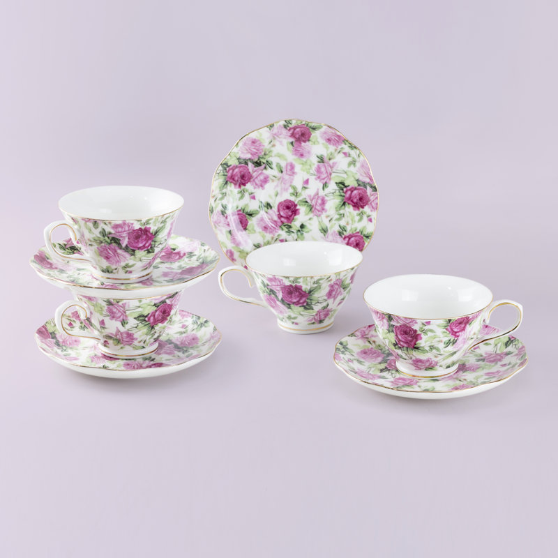 Grace Tea Ware Summer Rose Chintz Teacups and Saucers, Set of 4