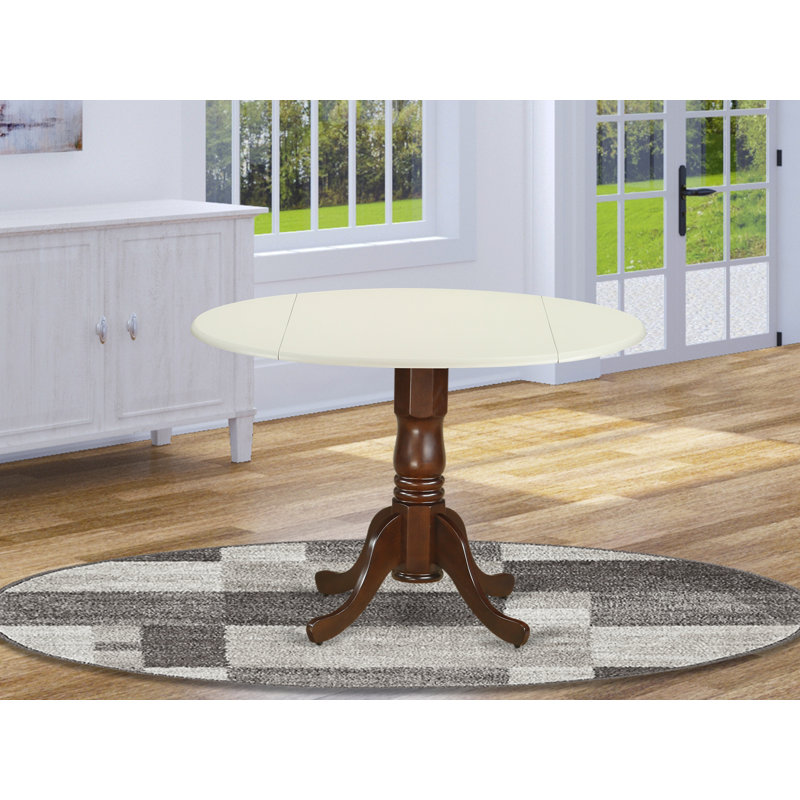 Philipston Modern Kitchen Table - a Round Dining Table Top with Dropleaf & Pedestal Base, 42x42 Inch, Linen White & Mahogany