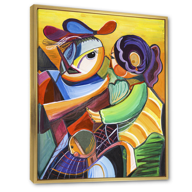 Abstrait deux femmes rencontrant - peinture, H 40 po x l 30 po x P 1,5 po, Cadre flottant doré