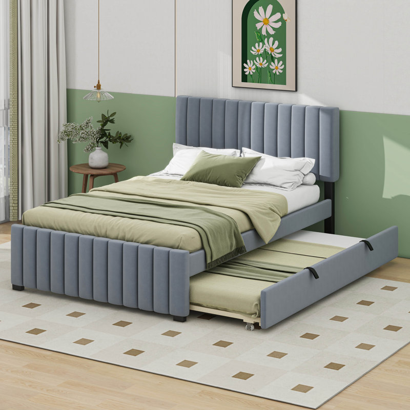 Lit plateforme double avec lit gigogne, gris