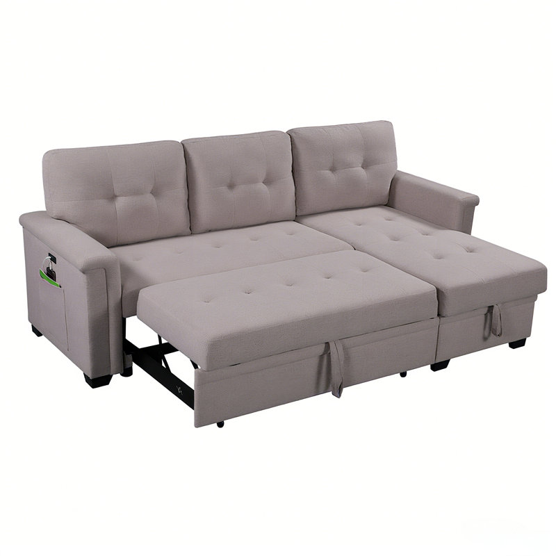 84" Reversible Sleeper Sectional Sofa With Storage Chaise,USB Charging Ports And Pocket, Light Gray