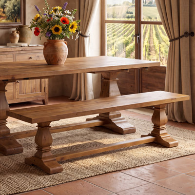Solid Wood Bench With Double Trestle
