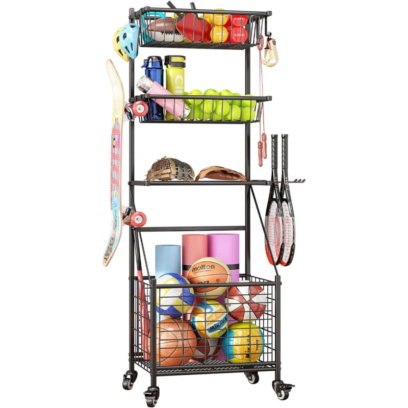 Black Powder-Coated Steel Multi-Use Sports Equipment Organizer with Mesh Tiers