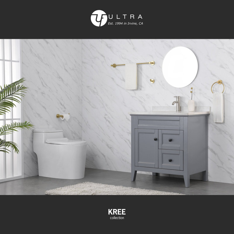 Kree Collection 4 Piece Bathroom Hardware Set: 24" Towel Bar, Towel Ring, Toilet Paper Hook & Robe Hook - Brushed Gold