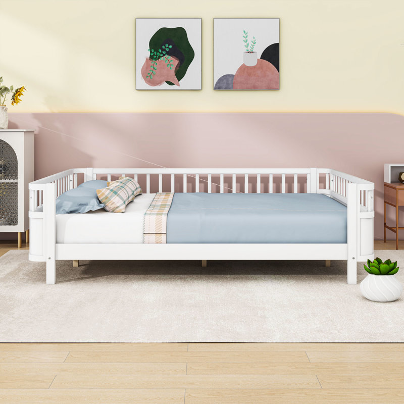 Queen Size Wood Platform Bed with Removable Side Rail and Rounded Corners, White