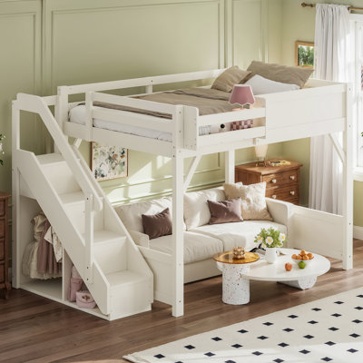 Full Size Loft Bed with Built-In Wardrobe, Storage Shelves and Staircase, Solid Wood Loft Bed with Full-Length Guardrails, No Box Spring Needed