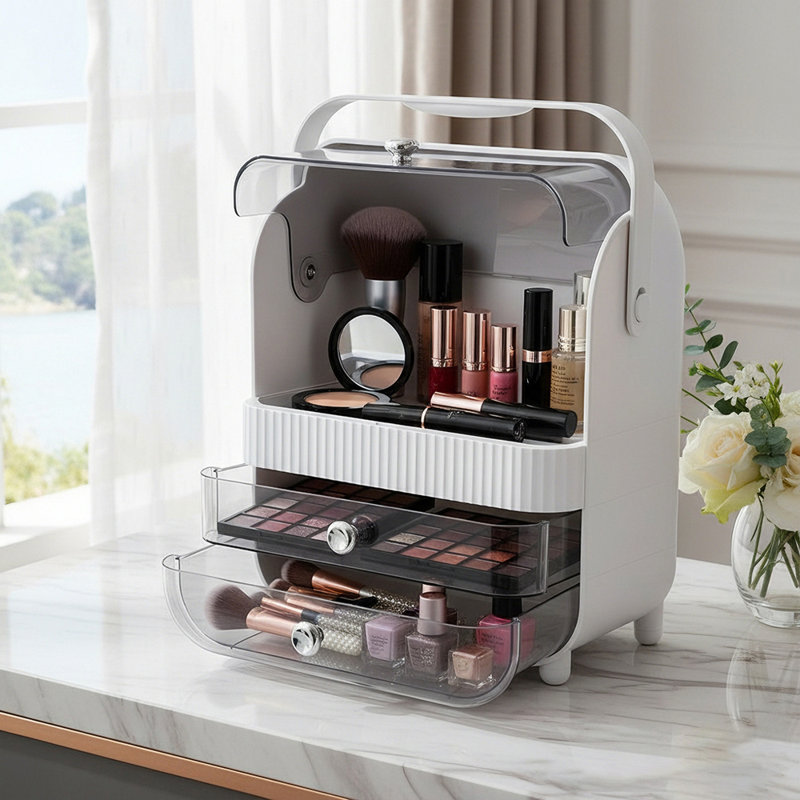 Plastic Makeup Organiser, White/Grey