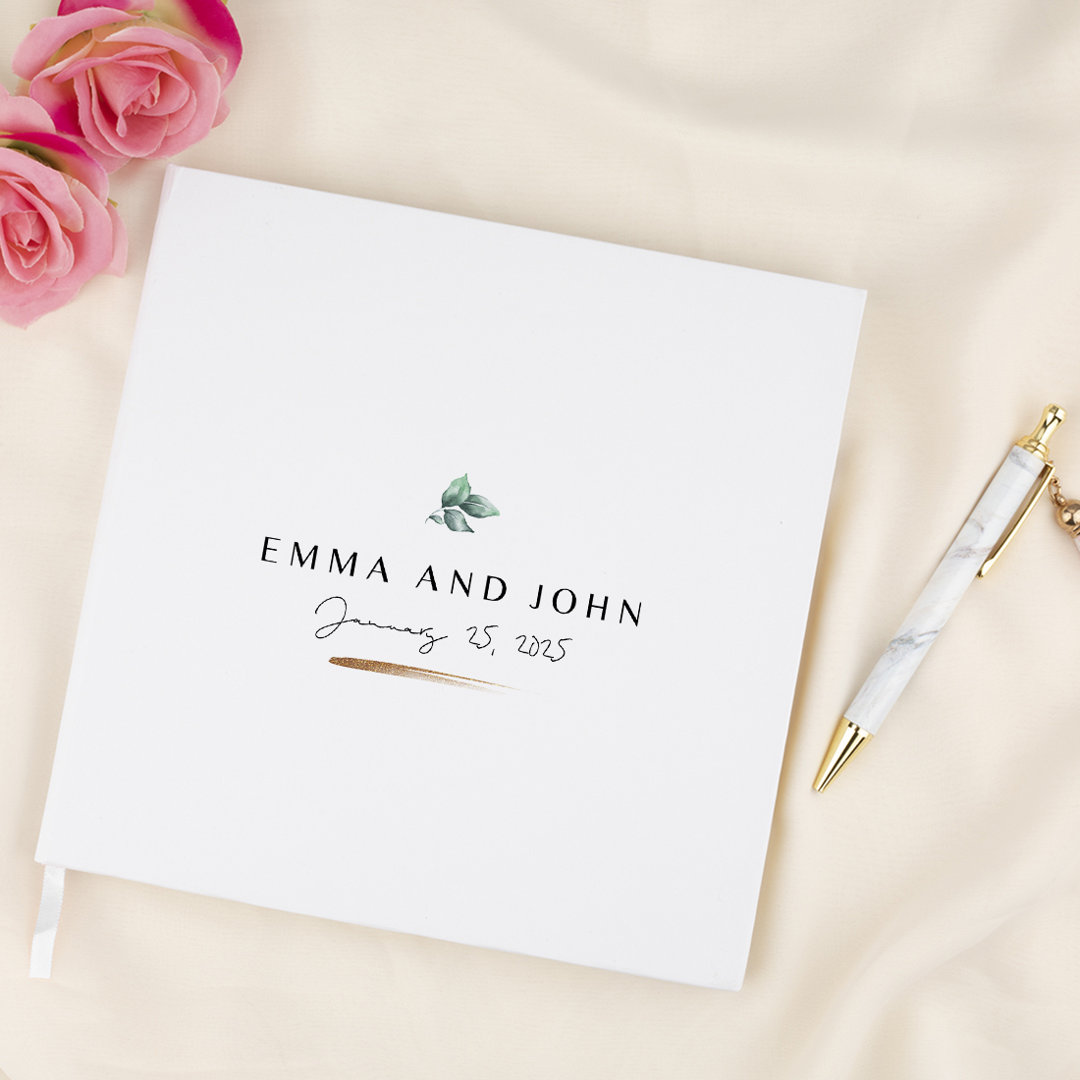 Custom Wedding Guestbook, Minimal Leaves White Guest Sign In Guest Registry Koyal Wholesale 