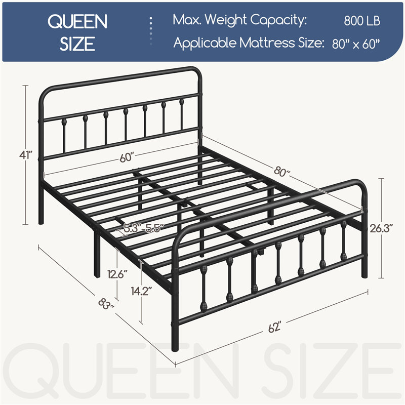 Classic Metal Platform Bed Iron Open-Frame Bed with High Headboard and Footboard, Queen, Black