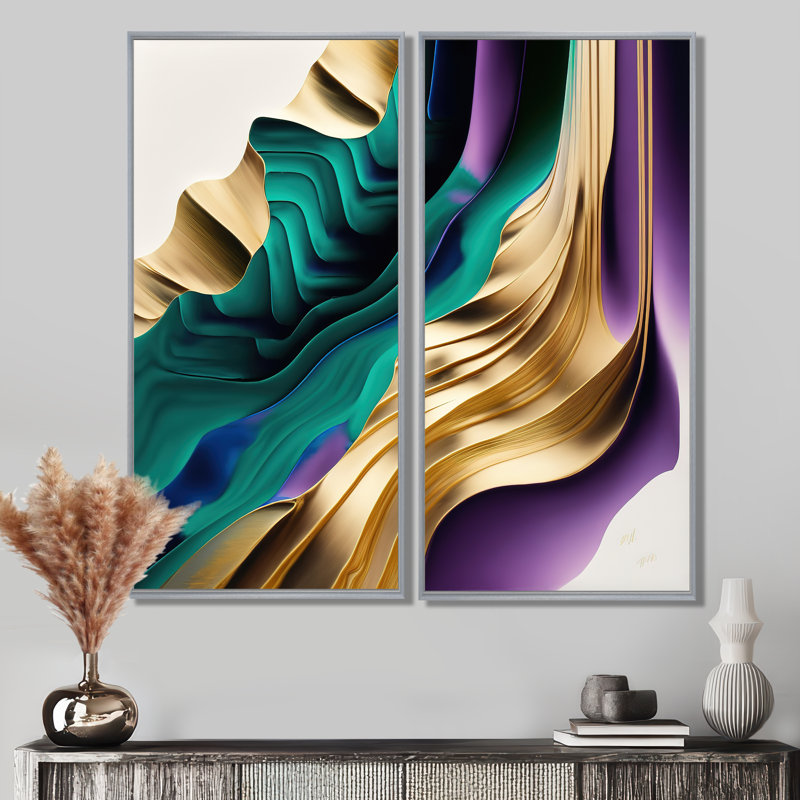 Impression sur toile abstraite mauve, verte et dorée III, H 40 po x l 40 po, Reproduction encadrée sans passe-partout