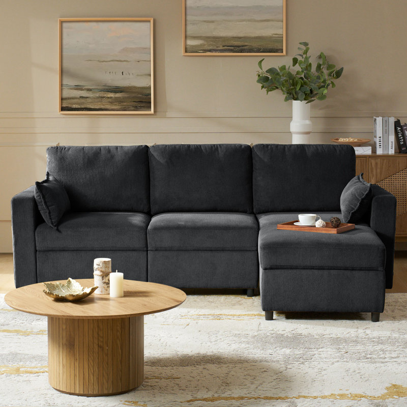 Catlin 4-Piece Corduroy Modular Storage Sectional Sofa With Versatile Tray, Back Pillows & Organizer Bag, Charcoal