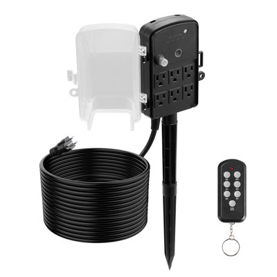 Piquet d'alimentation extérieur, cordon d'extension de 50 pi, multiprise extérieure résistante aux intempéries avec couvercle, minuterie télécommandée étanche à l'aube, 6 prises, 1875 W / 15 A, pour les lumières de Noël, jardin