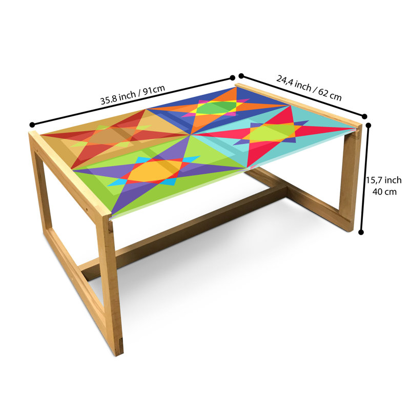Modern Coffee Table, Colorful Design Of Quirky Shapes And Geometric Formation Circles And Triangles, Acrylic Glass Center Table With Wooden Frame For Offices Dorms Multicolor
