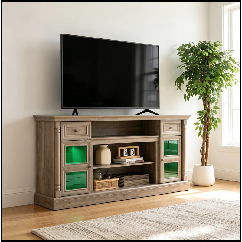 Meuble télé avec éclairage DEL, 2 portes, 2 tiroirs et tablette ouverte, Brun