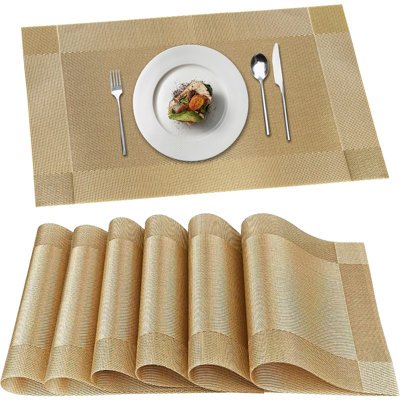 Placemats, Table Place Mats for Kitchen Dining, Heat-Resistant Anti-Skid Stain Washable PVC Table Mats, Easy to Cleaning Woven Vinyl Dinner Mats, (Gold)