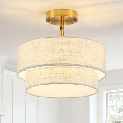 3-Light 2-Tier 12.6" Dimmable Linen Shade Drum Semi Flush Mount Ceiling Light for Living Rooms Kitchen Island and Hallways