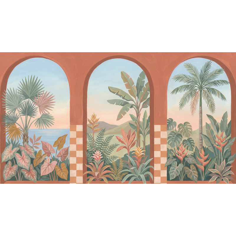 Décoration murale murale arquée de style tropical, 120 po x 96 po, Peler et coller