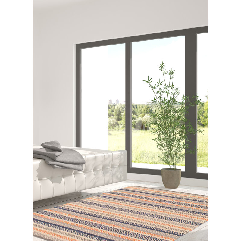 Tapis bleu marine / gris / orange en laine Kilim