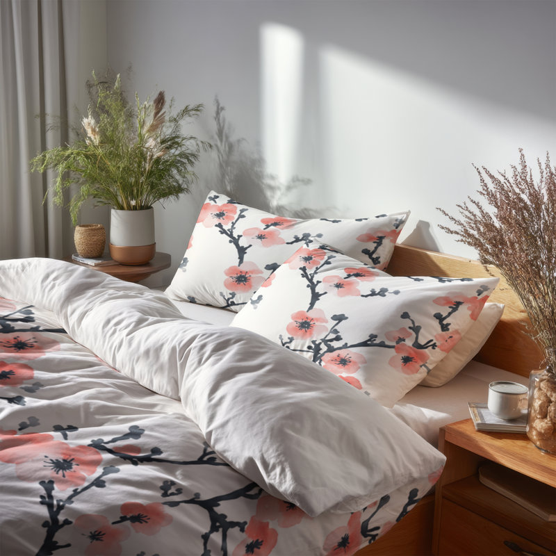 Ensemble de literie moderne de 4 pièces - Ensemble d'édredon floral rose Wabi Bloom, Queen Comforter + 3 Additional Pieces