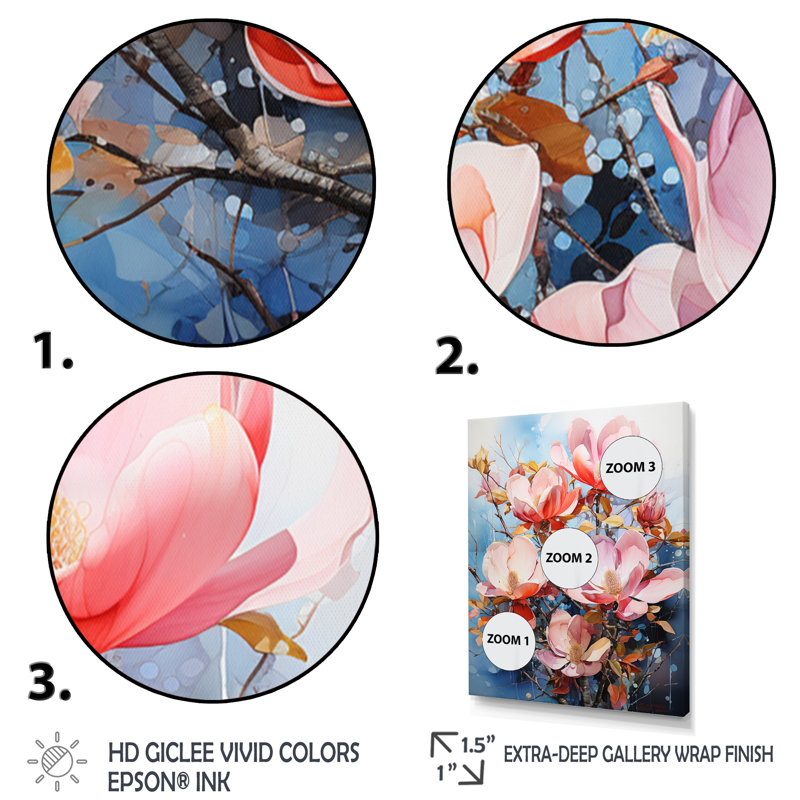 Représentation de Magnolias roses, acrylique multicolore I - impressions murales florales, H 32 po x l 16 po x P 1 po