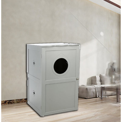 Enclos pour litière en bois à 2 étages, grande cachette et table d'appoint pour chat
