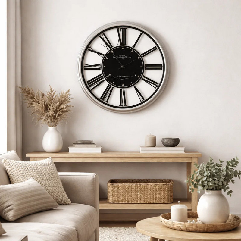 Horloge murale Miny, chiffres romains noirs et cadre rond argenté de 16 pouces, L 15,75 po x H 15,75 po x P 1,75 po