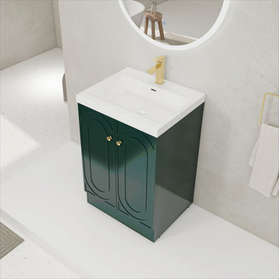 Meuble-lavabo autoportant 24 po avec lavabo en résine et 2 portes d'armoire à fermeture en douceur (emballage KD)