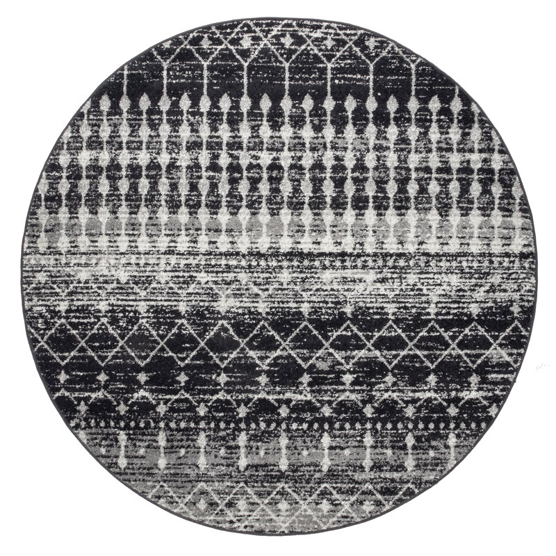 Amandine Moroccan Power Loom Performance Black Rug, Round 5'