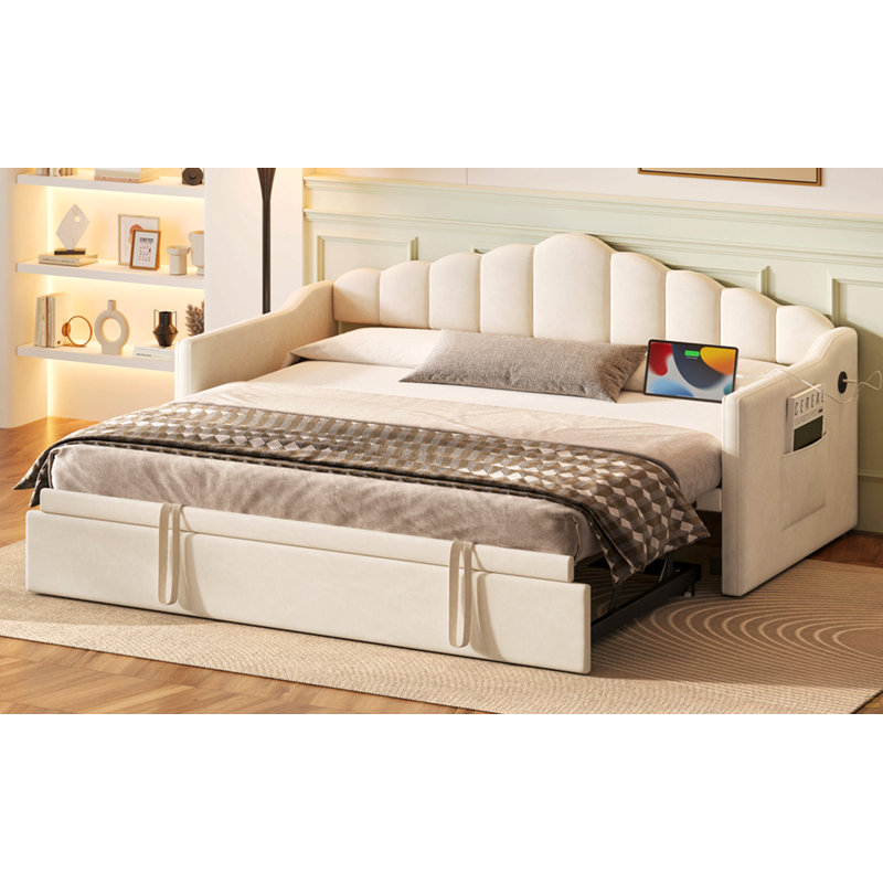 Lit de jour tapissier simple avec lit gigogne escamotable à hauteur réglable et port de charge USB et Type-C, structure de lit de jour avec 2 poches latérales