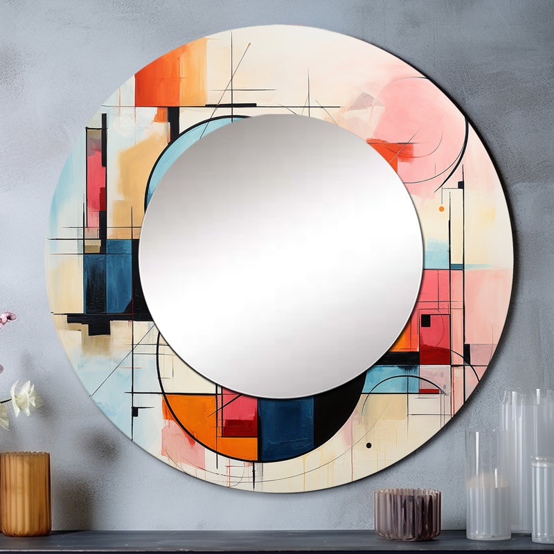 «Colorful Mid Century Abstract Fusion IV - Mid-Century Modern Mirror», miroir mural décoratif rond de style Mid-Century, impression sur métal