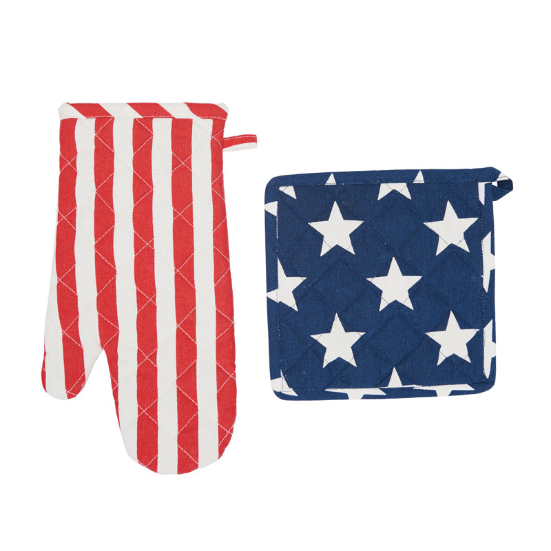 Patriotic Red, White, and Blue Cotton Pot Holder & Oven Mitt Set