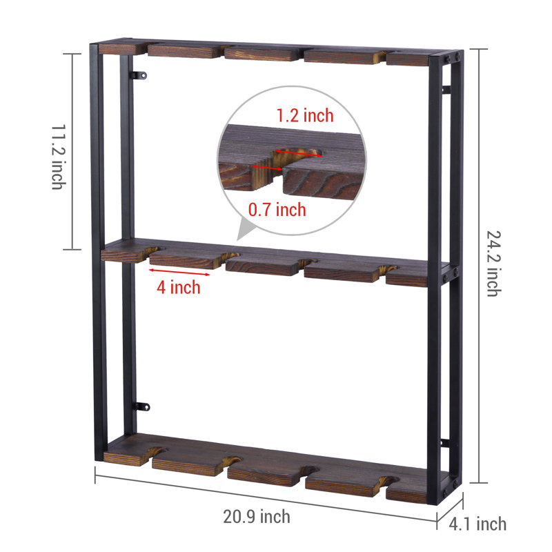 Metal/Solid Wood Wall Mounted Wine Glass Rack in Black/Brown 