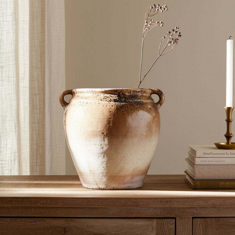 Grand vase à fleurs moderne en terre cuite rustique avec finition mouchetée - Vases décoratifs pour table