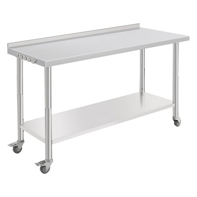 Stainless Steel Kitchen Prep Table with Caster Wheels, Commercial Heavy Duty Workbench with Hooks, Metal Table with Adjustable Height Shelf for Garage, Outdoor