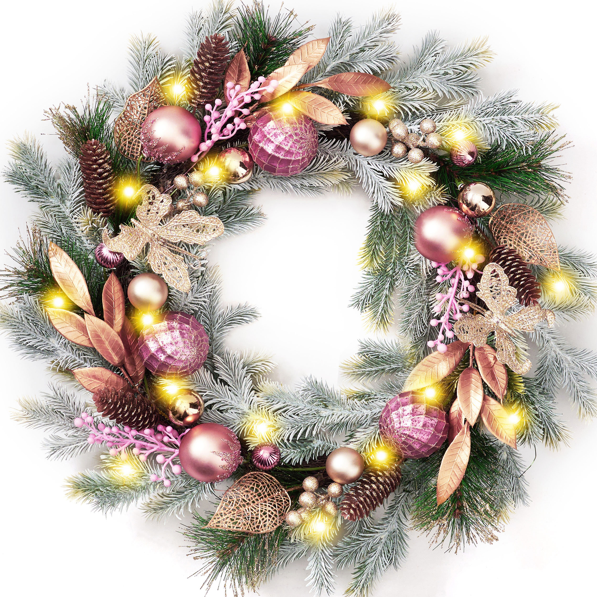 The Holiday Aisle® Kamrudeen 24" Christmas Balls And Pinecorn Pre-Decorated Lighted Christmas Pine Wreath & Reviews | Wayfair