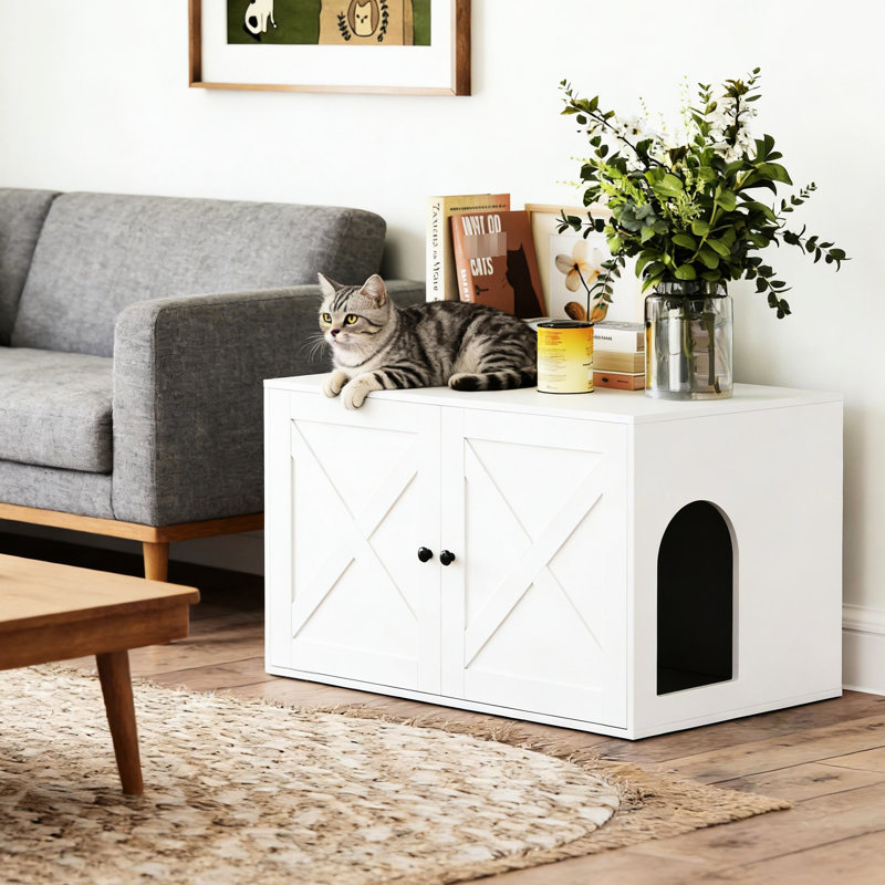 Meuble de lit pour chat élégant et confortable, blanc, L 31,5 po x l 20,9 po x H 19,7 po, avec porte latérale pour un accès facile - avec une conception dissimulée pour réduire les odeurs, une entrée spécialement conçue