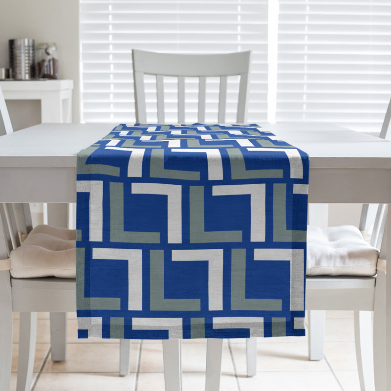 Chemin de table Carolina, 72 po x 16 po, Coton, Bleu royal / argent vert / blanc