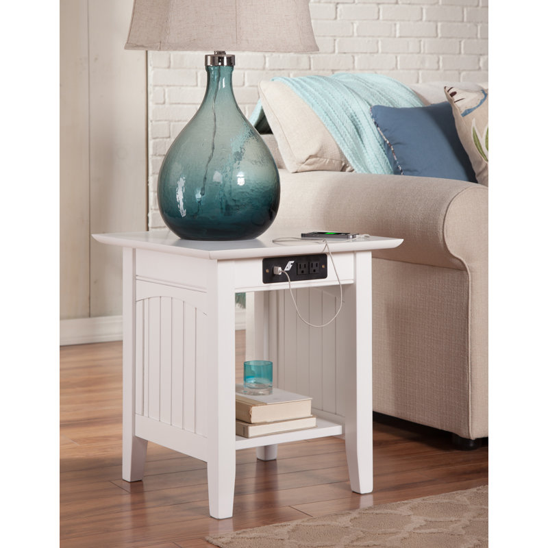 Tolleson Solid Wood End Table with Built-In Device Charging Station, White