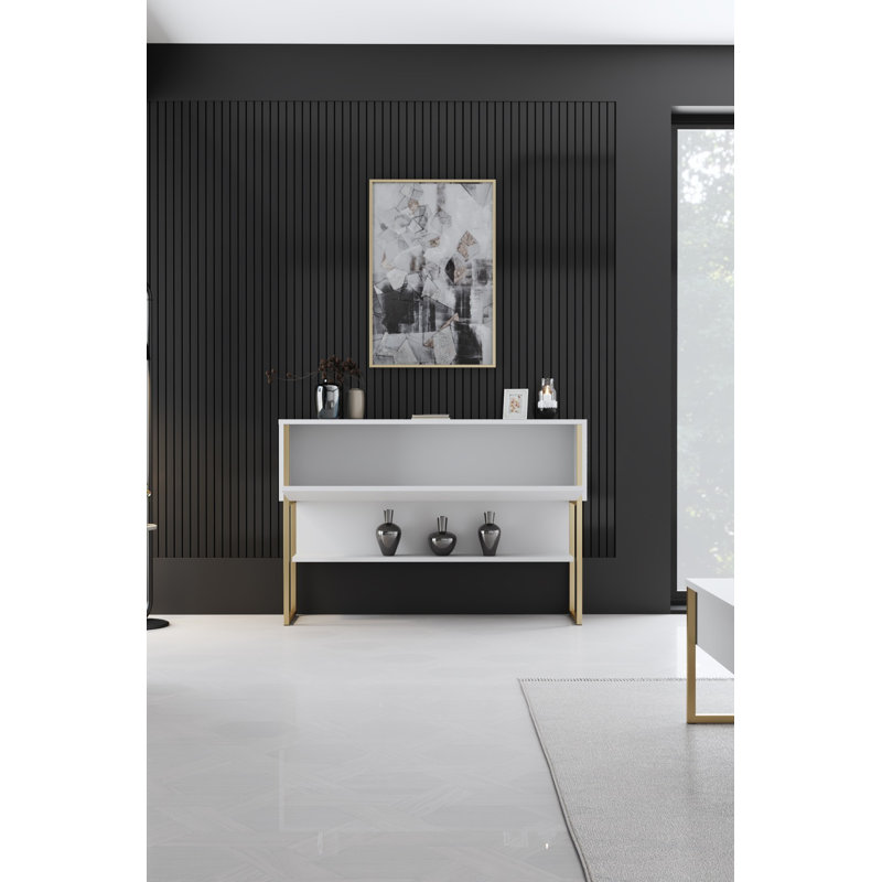 Commode moderne avec pieds en métal, or et blanc, 47,2 po x 31,5 po x 11,8 po | 100% panneau de particules enduit de mélamine, épaisseur: 0,7 pouce | Conception élégante pour les espaces glam et contemporains, solution de rangement robuste et élégante