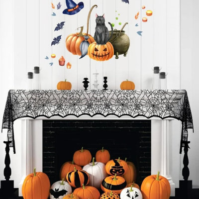 2PCS Halloween Table Runner Black Lace Spider Web Table Runner for Halloween Table Decor Spiderweb Table Runners Lace Runner for Tables Dinning Tables