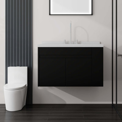 Meuble-lavabo suspendu avec comptoir en marbre reconstitué et structure en contreplaqué