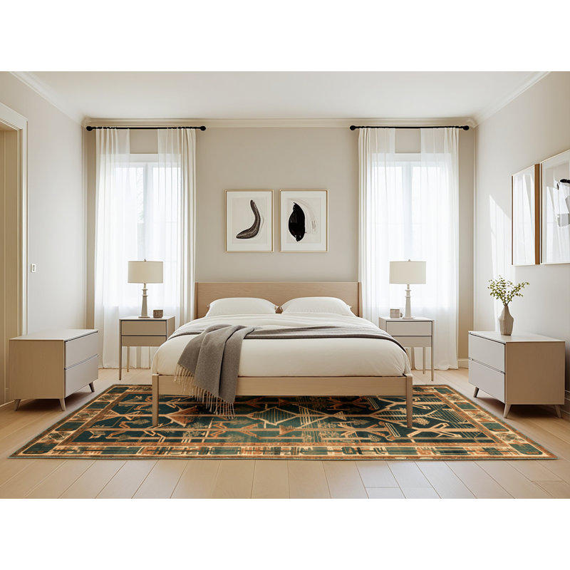 Tapis vert art déco lavable à la machine, Rectangle de 5 pi x 8 pi