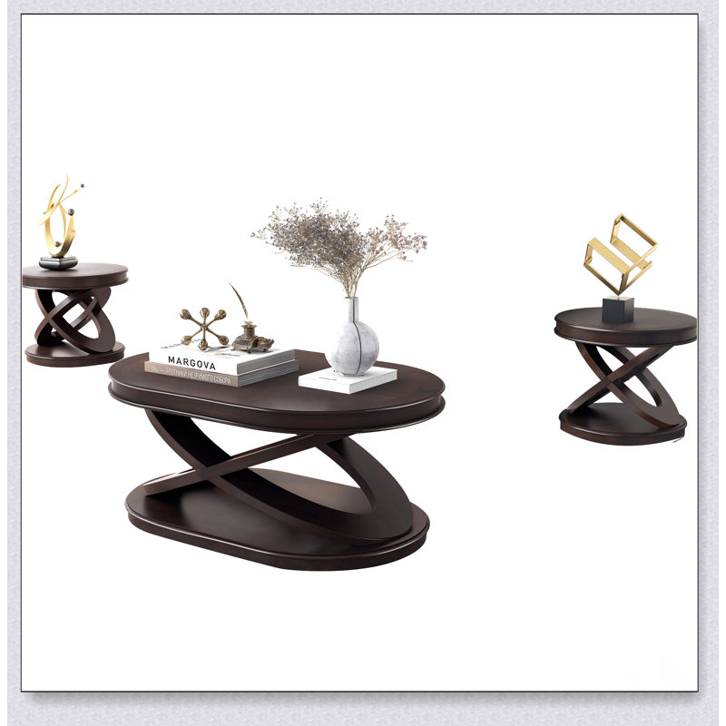 Ensemble de 3 tables basses rétro en bois de style américain avec tables ovales et rondes