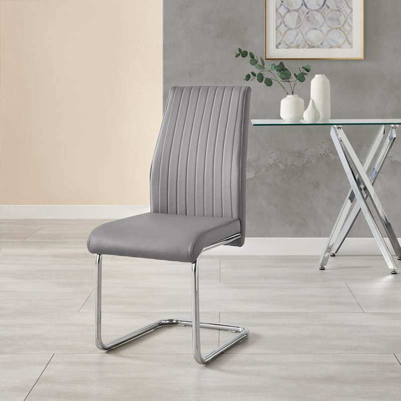 Seline Modern Round Dining Table Set in Glass and Chrome with 4 Upholstered Faux Leather Chairs, Elephant Grey