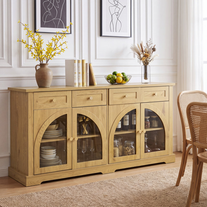 Buffet d'appoint rétro de 60 pouces avec 4 tiroirs et portes cintrées en verre, Natural