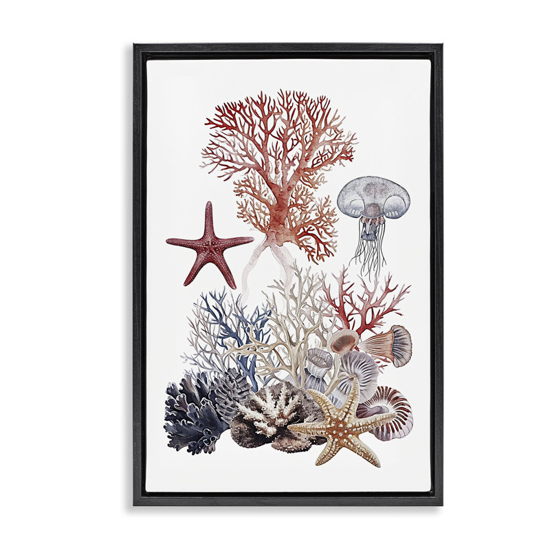 Cadre flottant animaux aquatiques et corail, design par Ramona Murdock, H 25 po x l 17 po, Cadre flottant noir de jais