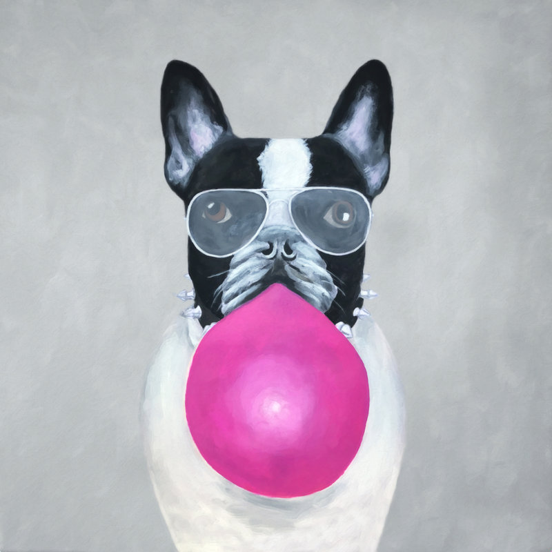 Bulldog avec gomme à bulles - peinture sur toile tendue, H 12 po x l 12 po, Non, Cadre simple noir