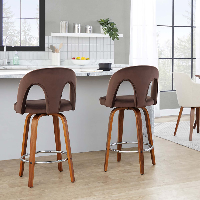Ensemble de tabouret de bar pivotant contemporain avec revêtement en velours et repose-pieds, Noyer ; chrome