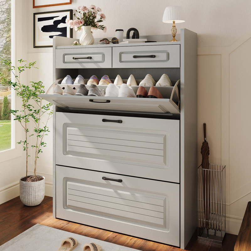 Shoe Cabinet for Entryway, Narrow Shoe Storage Cabinet with 3 Flip Drawers and 2 Top Drawers, Modern Shoe Rack Organizer Cabinet for Hallway, Apartment, Living Room, White